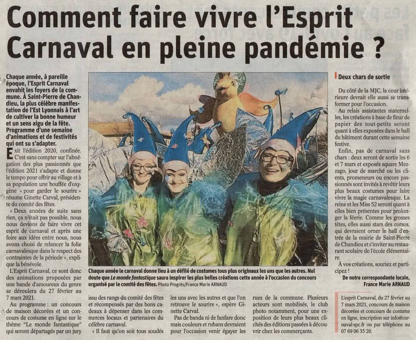 Article du Progrès du 20/02/2021 : comment faire vivre l'Esprit Carnaval en pleine pandémie
