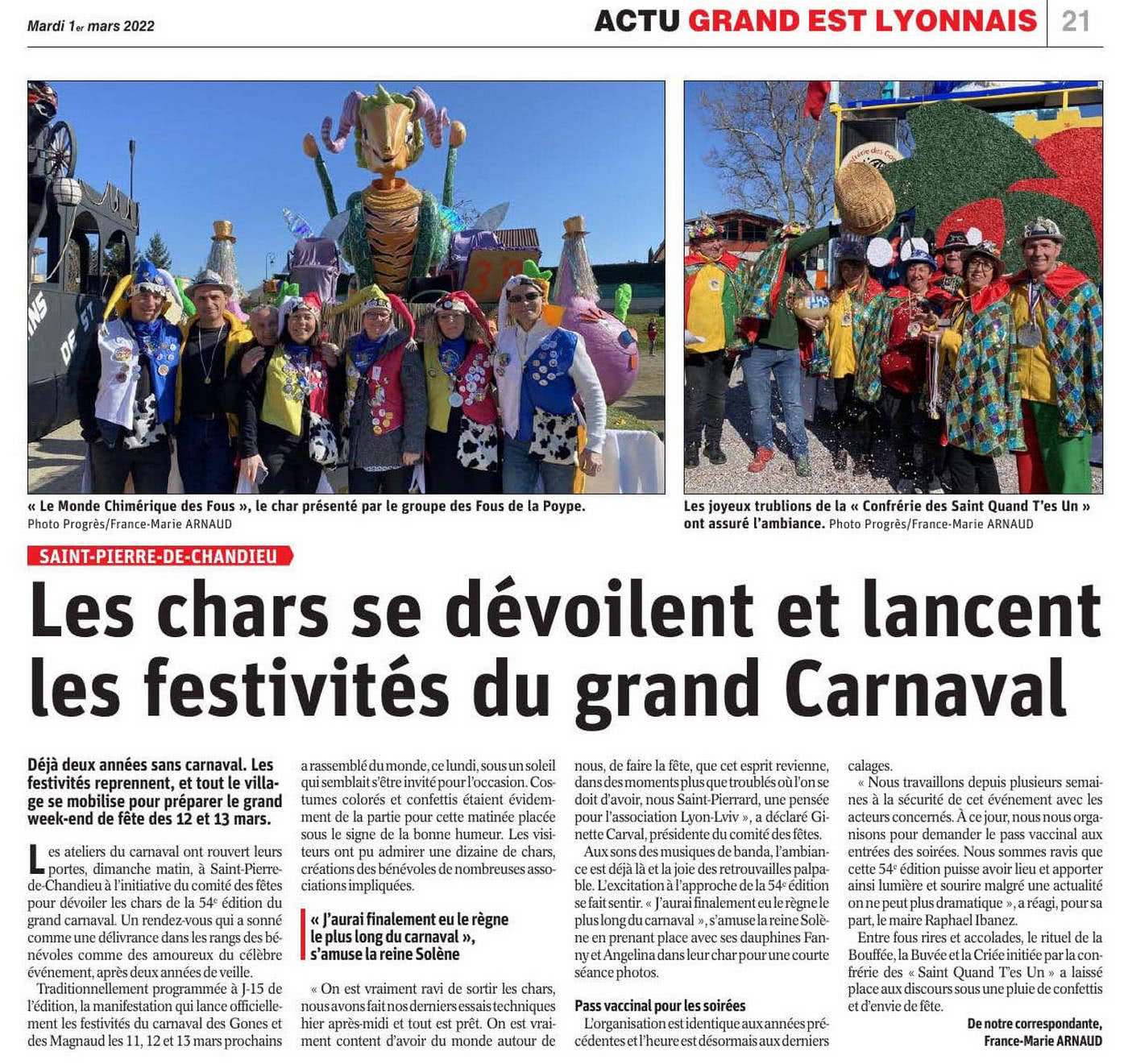 Article du Progrès : les chars se dévoilent let lancent le Carnaval