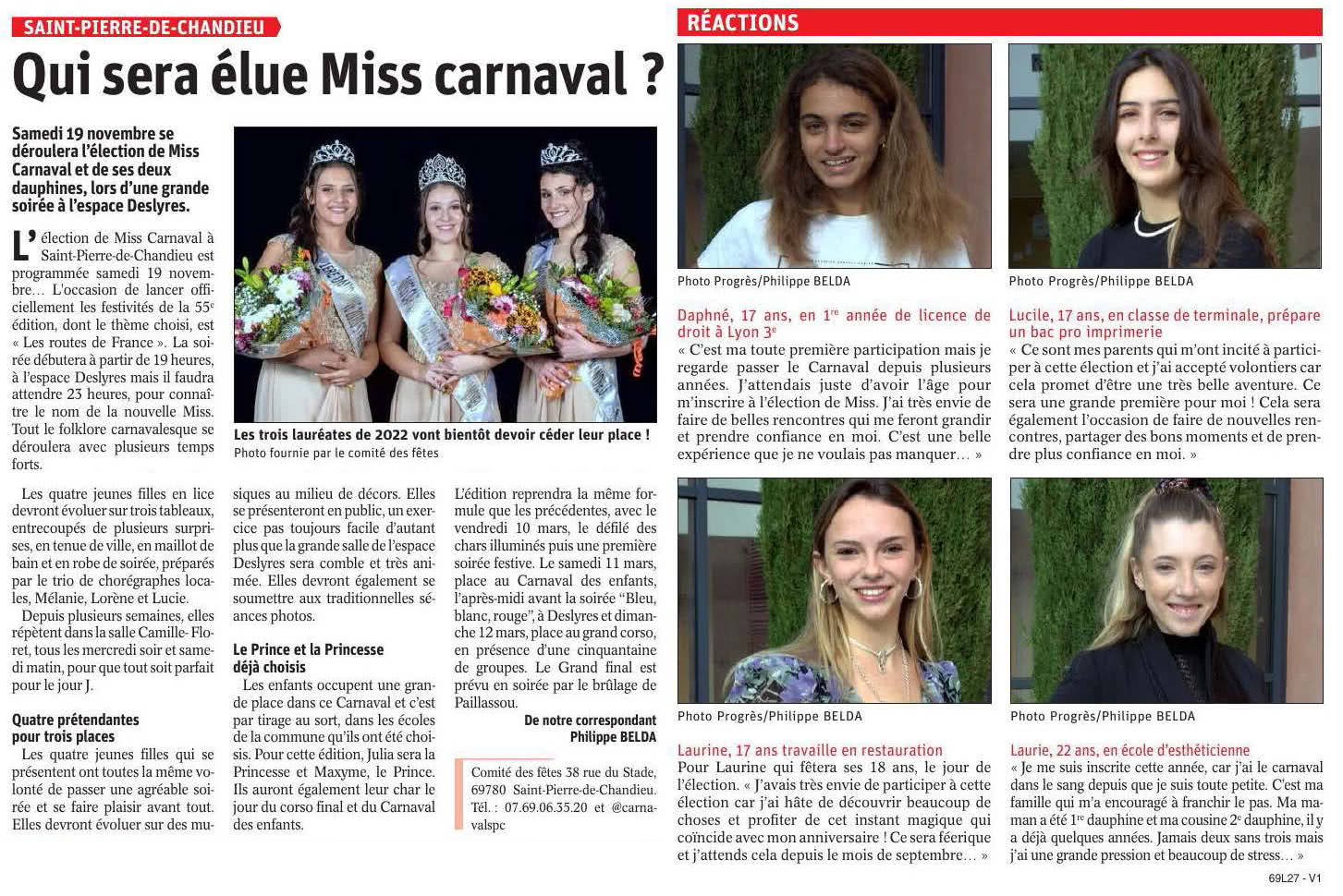Laurine est devenue Miss Carnaval 2023 le jour de ses 18 ans (Le Progrès du 21/11/22