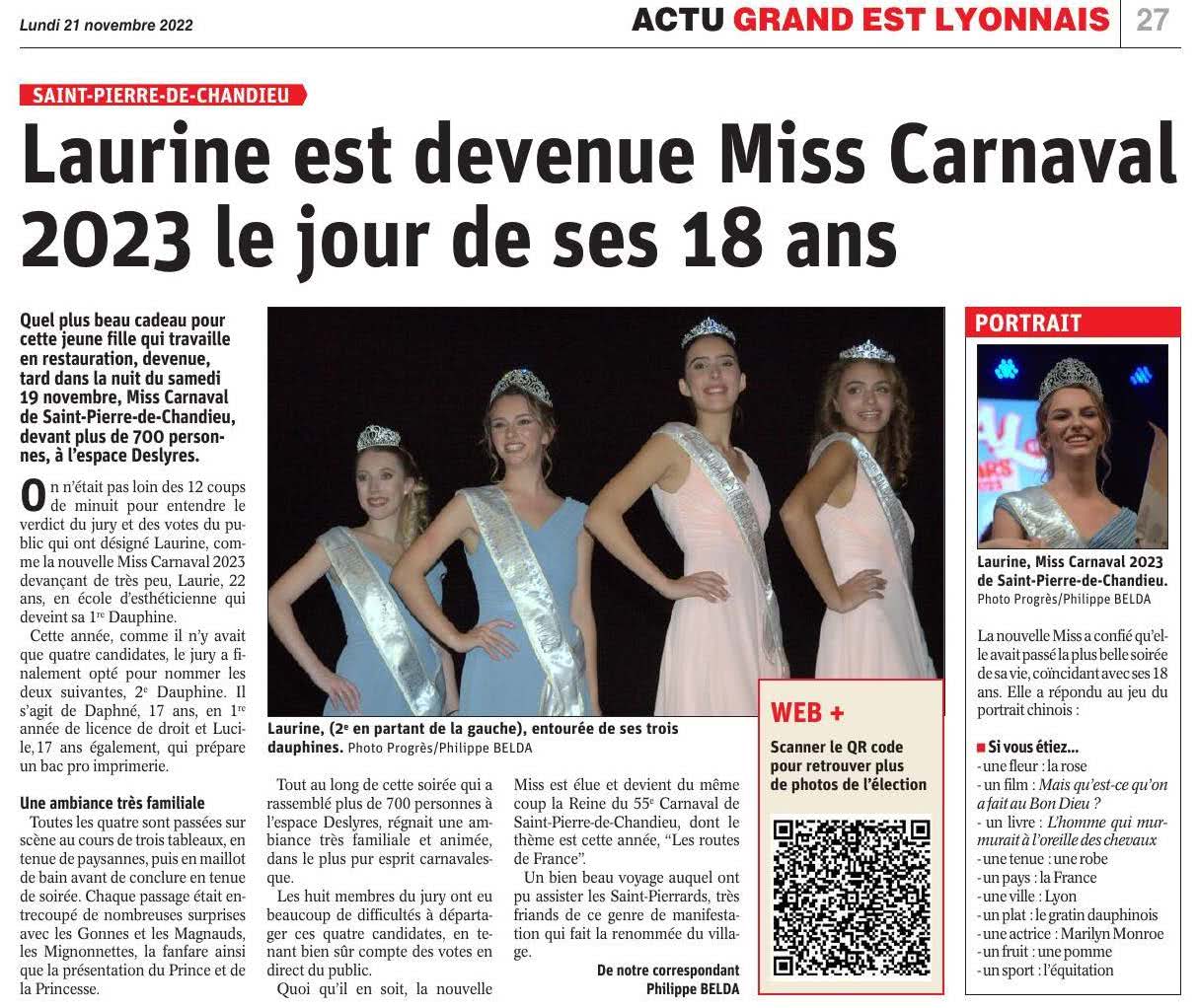Laurine est devenue Miss Carnaval 2023 le jour de ses 18 ans (Le Progrès du 21/11/22